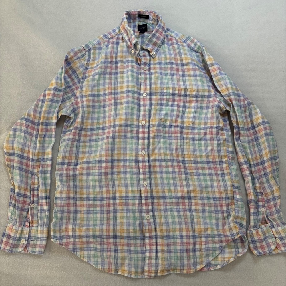 J.Crew Mens Classic Fit Linen Cotton Plaid Button Down Shirt Multi Color Medium